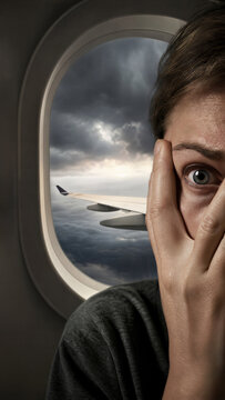 Woman covering her face in fear while looking out airplane window at stormy sky. Aerophobia and anxiety during air travel. Psychological stress and mental health issue in flight.
