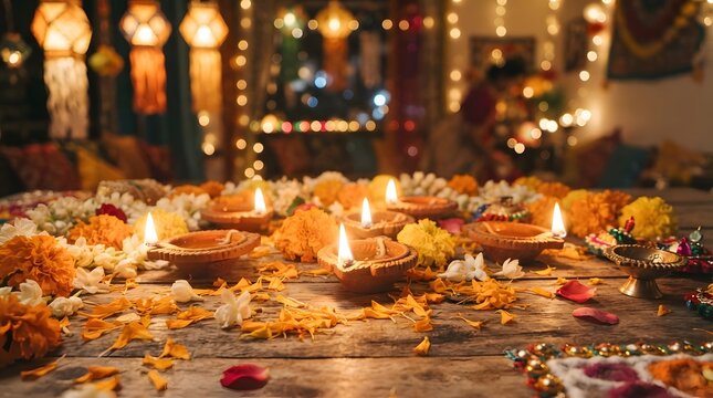 Festive diwali table setting with clay diyas, marigold flowers, and soft bokeh fairy lights in a cozy home interior