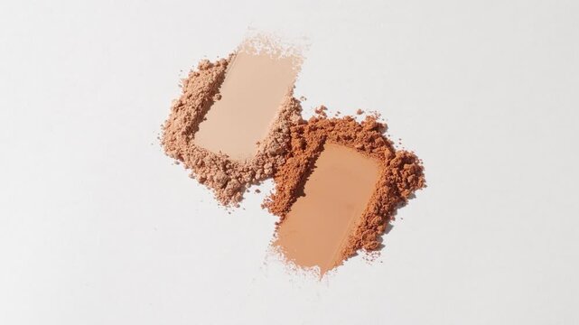 Extreme close-up arc shot of beige smeared powder heaps on a grey tone background highlighted by rotating directional light producing ever-changing shadows | Campaign concept for matte powder product