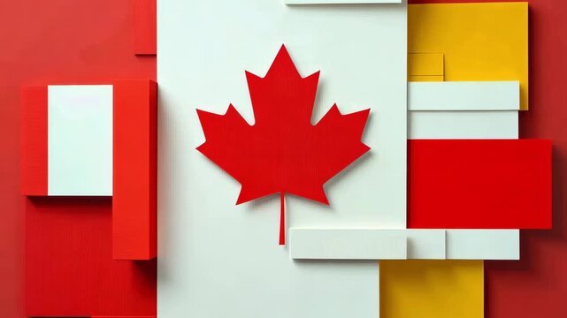 Abstract geometric composition featuring a red maple leaf and Canadian flag colors, Canada Day concept, patriotic design, modern national tribute.
