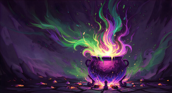 Magical cauldron bubbling with colorful potion and swirling smoke illustration