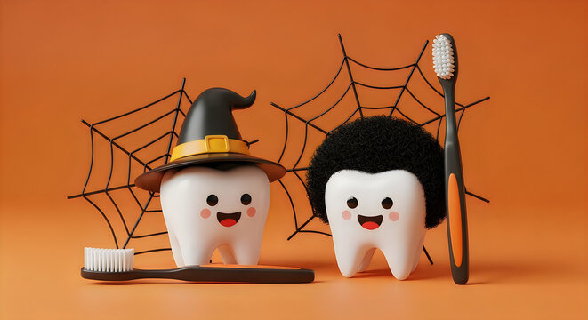 Halloween themed tooth characters with witch hat and spiderweb background in 3d render