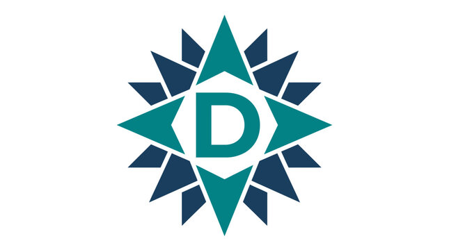 Geometric sunburst emblem featuring letter D in teal colors.
