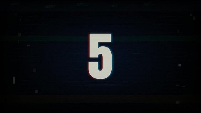 Retro VHS countdown animates from 10 to 0 on old TV static. Vintage CRT screen effects create authentic film leader nostalgia. This 4K clip suits retro, cinema, and throwback content