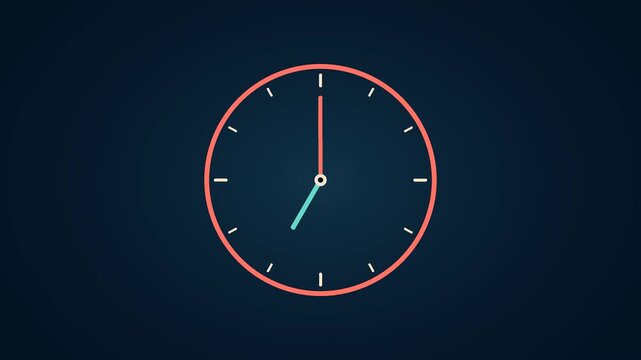 Midnight coral clock animates with a modern minimalist design. Warm coral tones contrast against a dark midnight background. This 4K timepiece suits lifestyle, decor, and wellness videos."