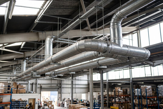 Industrial ventilation ducts and hvac pipes suspended from warehouse ceiling for factory ventilation and air distribution background