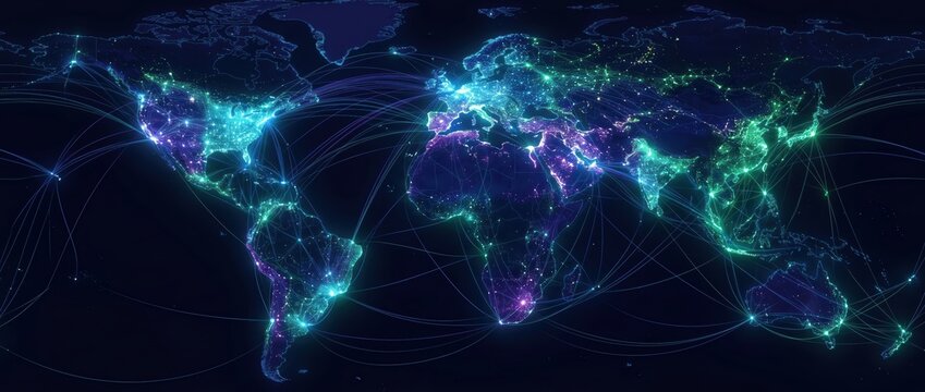 Global Network Connectivity Map with Glowing Lines and Dots Representing Data Flow Across Continents.