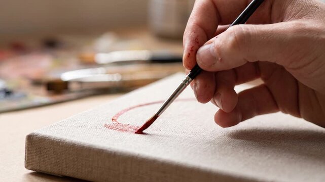 Paint brush touching canvas
Hand painting red design on canvas in art studio  