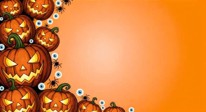 Festive halloween pumpkins with spooky eyes and spiders on an orange background