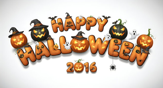 Happy Halloween lettering with pumpkins ghosts and bats on a white background
