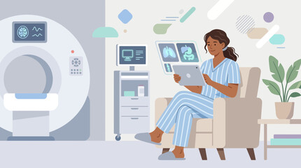 Obraz premium Woman patient using tablet in mri scanner room, healthcare concept