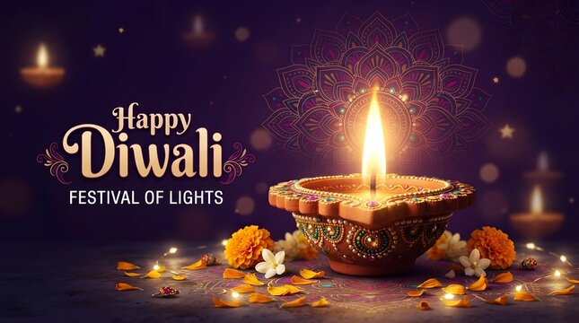 Happy diwali festival of lights greeting card with a decorated diya lamp and marigold flowers on a dark purple background