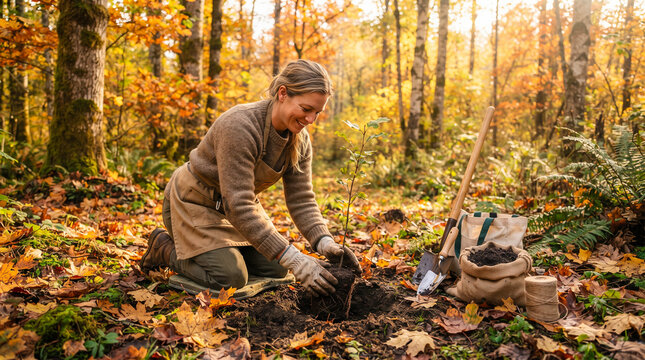 Persona plantando un &aacute;rbol en un bosque oto&ntilde;al, concepto de reforestaci&oacute;n, sostenibilidad, conservaci&oacute;n de la naturaleza y protecci&oacute;n del medioambiente.