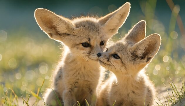 Two adorable fennec fox kits interacting in a sunlit desert landscape close up portrait