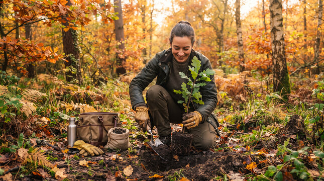 Persona plantando un &aacute;rbol en un bosque oto&ntilde;al, concepto de reforestaci&oacute;n, sostenibilidad, conservaci&oacute;n de la naturaleza y protecci&oacute;n del medioambiente.