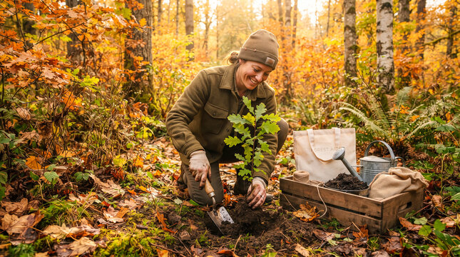 Persona plantando un &aacute;rbol en un bosque oto&ntilde;al, concepto de reforestaci&oacute;n, sostenibilidad, conservaci&oacute;n de la naturaleza y protecci&oacute;n del medioambiente.