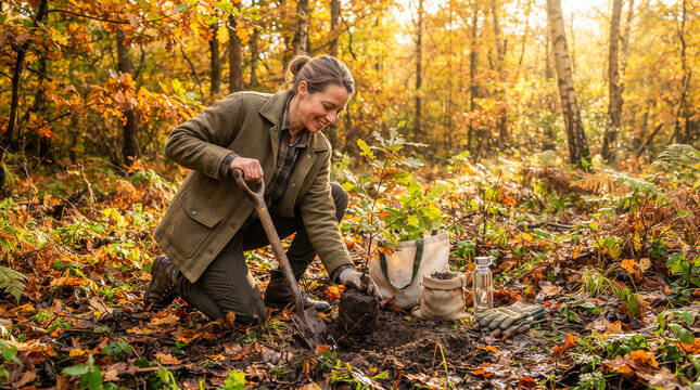 Persona plantando un &aacute;rbol en un bosque oto&ntilde;al, concepto de reforestaci&oacute;n, sostenibilidad, conservaci&oacute;n de la naturaleza y protecci&oacute;n del medioambiente.