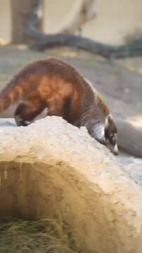 White nosed coati foraging on ground and looking around in wild habitat
