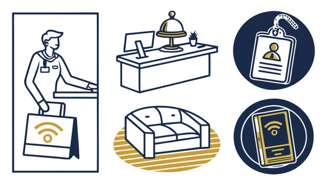 Office reception service line art icon set with receptionist desk bell sofa badge and wifi sign vector