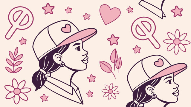 International day of the girl child seamless pattern with cute girls in caps stars flowers and hearts vector