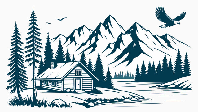 Alaska day mountain landscape vector illustration with wooden cabin pine forest lake and flying eagle