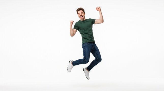 Excited young man jumping with both fists raised in celebration, dynamic energetic pose, joyful expression, isolated on pure white background