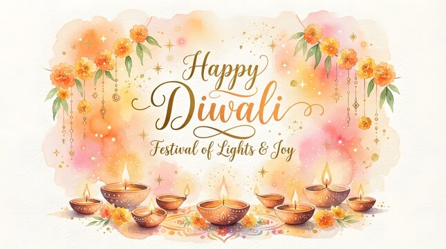 Watercolor illustration of happy diwali festival of lights and joy with glowing diyas and marigold flowers on a soft pastel background