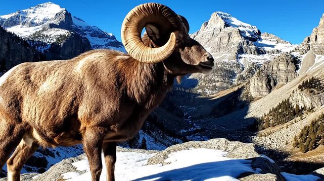 Majestic wild ram stands proudly on a snowy mountain peak