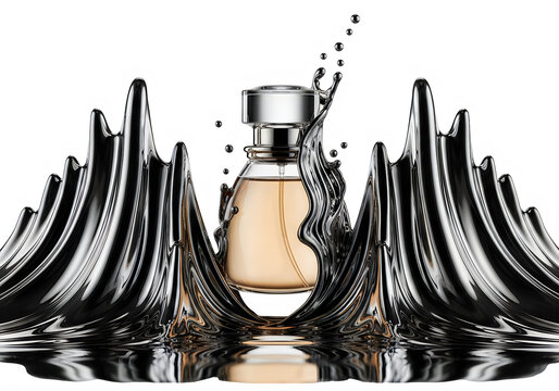 Perfume bottle with metallic liquid splash, luxury fragrance and fluid effect.