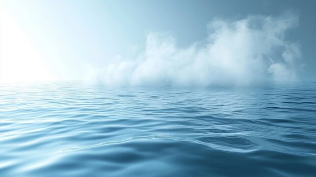 Abstract ethereal landscape featuring soft blue mist rising over calm rippled ocean surface water.