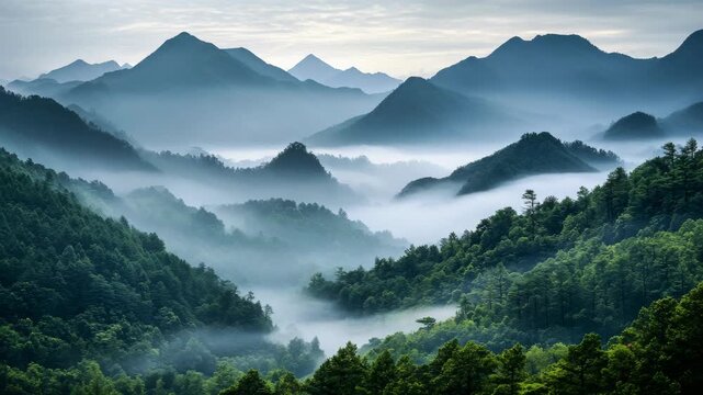 A captivating view of nature with fog-covered mountains and verdant vegetation under the soft glow of a partially cloudy sky.