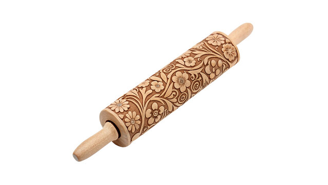 Carved wooden rolling pin with patterned engraving baking pastry kitchen tool isolated on transparent background