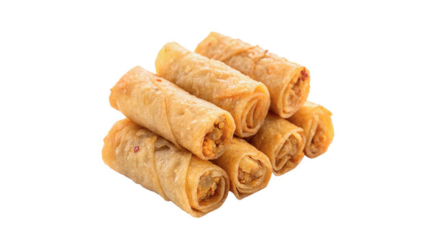 Stack of golden crispy spring rolls traditional Asian deep fried appetizer isolated on transparent background