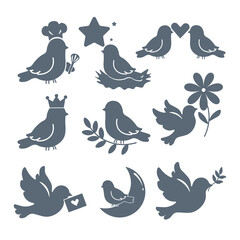 Set of grey vector silhouettes of cute birds and doves in various poses and activities