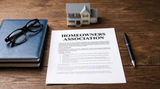 Homeowners association legal document with house model and glasses on wooden desk