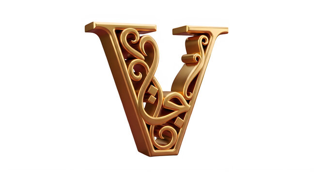 Elegant Gold Ornamental Letter V With Intricate Swirl Design Isolated transparent background