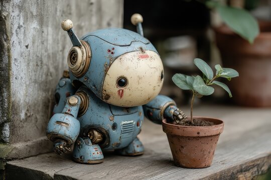 A charming vintage robot tenderly watches over a small seedling in a pot, capturing a moment of connection between technology and nature