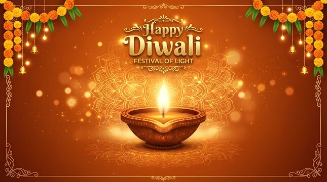Happy diwali festival of lights greeting card with glowing diya lamp and mandala background