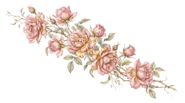 Vintage watercolor rose garland with dusty pink flowers, elegant floral border for wedding invitations and romantic stationery isolated PNG with Transparent Background