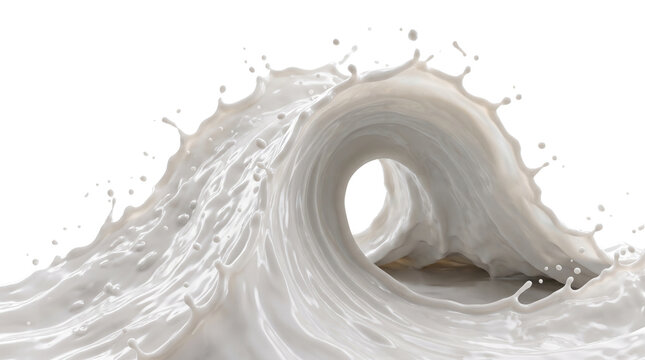Dynamic milk wave splash with droplets, fresh dairy liquid swirl, creamy white beverage motion for food advertising isolated PNG with Transparent Background