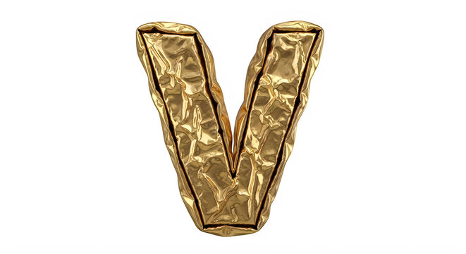 Golden Crumpled Foil Letter V Isolated Design Element transparent background