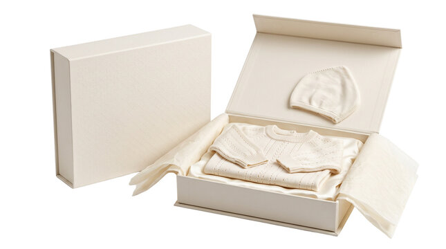 Luxury baby gift box with cream knit clothing, elegant newborn apparel set in premium packaging, soft organic cotton infant clothes isolated PNG with Transparent Background