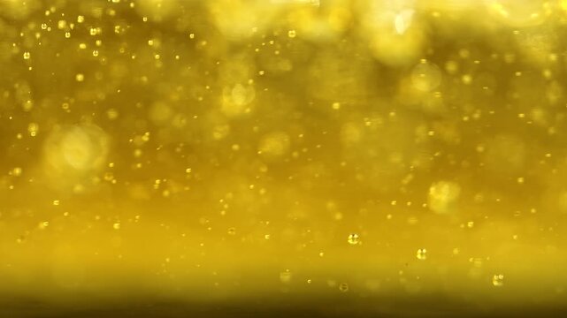 Golden oil contains suspended bubbles in a luminous macro view. Concept food advertising, cooking brands, packaging, banners and abstract design.