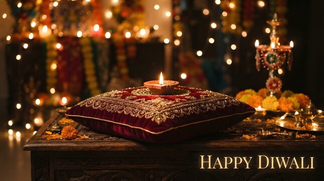 Happy diwali festive background with traditional diya lamp on velvet cushion and bokeh lights
