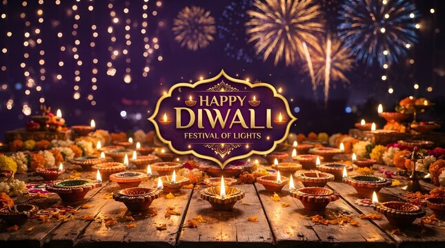 Happy diwali festival of lights celebration with traditional oil lamps and fireworks background