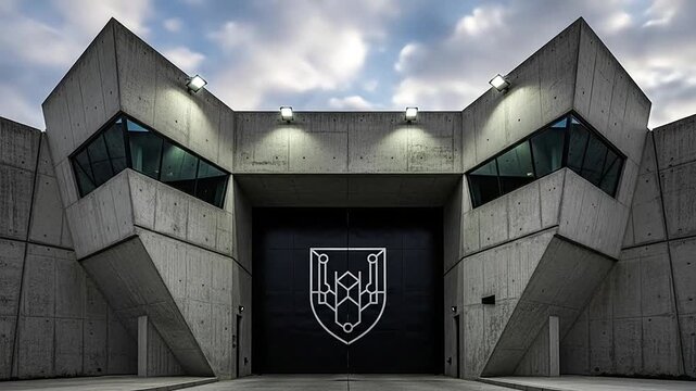 A modern concrete building with a large black entrance gate
