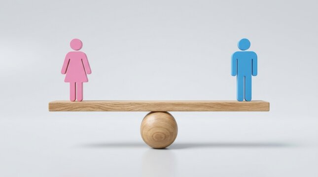 Pink and blue human figures balancing on a wooden seesaw representing gender equality