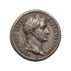 Ancient Roman silver denarius coin featuring Emperor Augustus profile portrait © maximon4ik