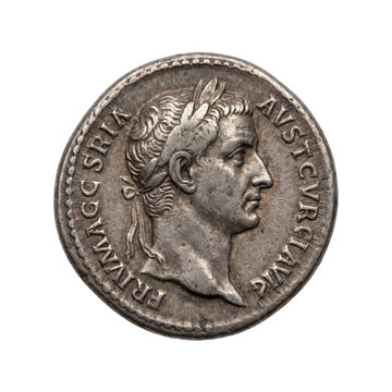 Ancient Roman silver denarius coin featuring Emperor Augustus profile portrait