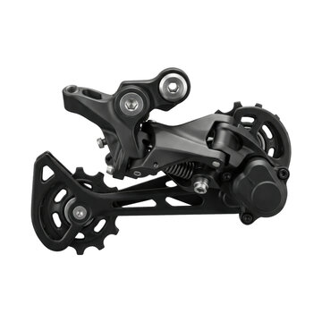 Black bicycle rear derailleur component on a clean white background